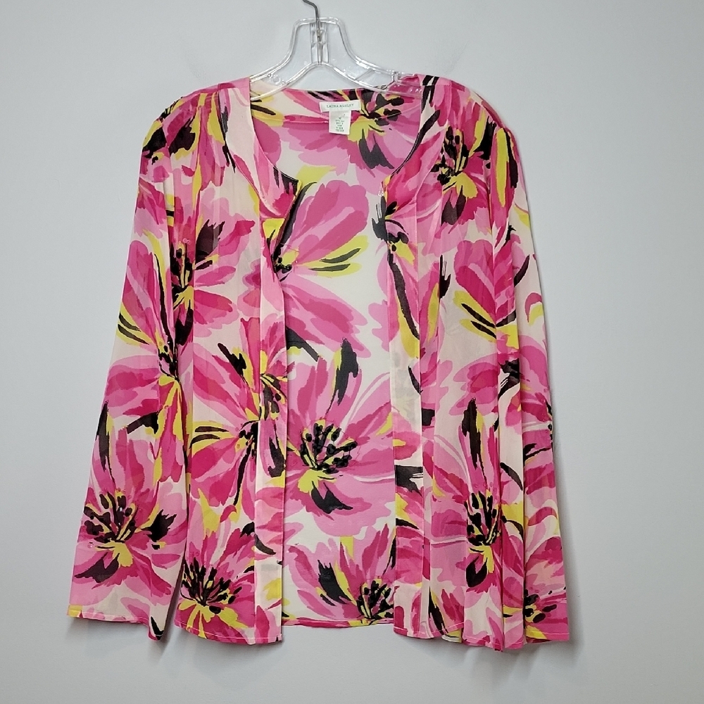Laura Ashley sheer pink floral silk cardigan with  sequins size Medium